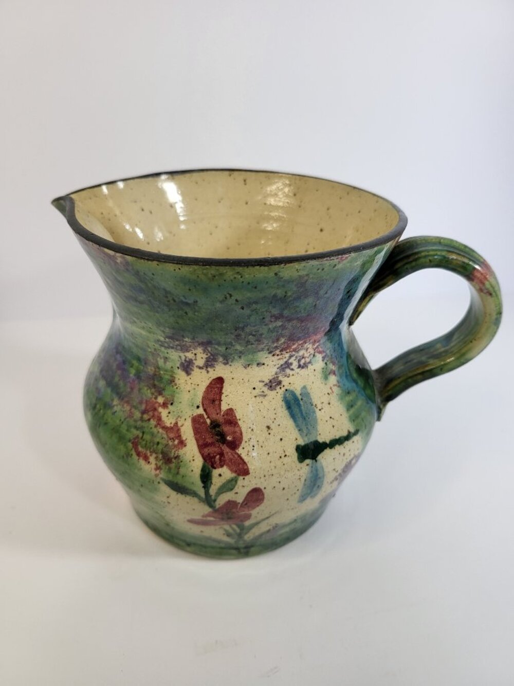 Malsnee Art Pottery‎ Dragonfly Pitcher, Signed Georgia Folk Art Stoneware Vase